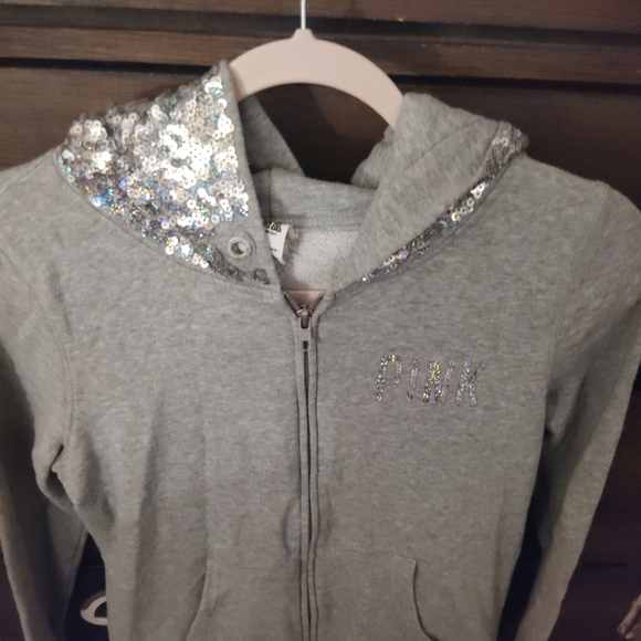 Victoria Secret PINK Gray Sequined Hooded Sweatshirt - RARE Y2K - Picture 6 of 15